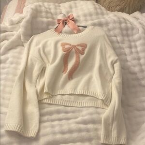Women's Cream Sweater with Pink Bow